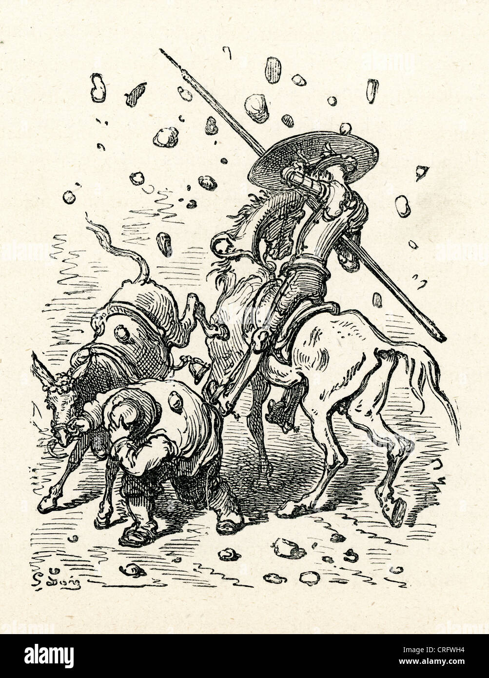Don Quichotte et Sancho Panza, en vertu de l'attaque. Illustration par Gustave Dore de Don Quichotte. Banque D'Images