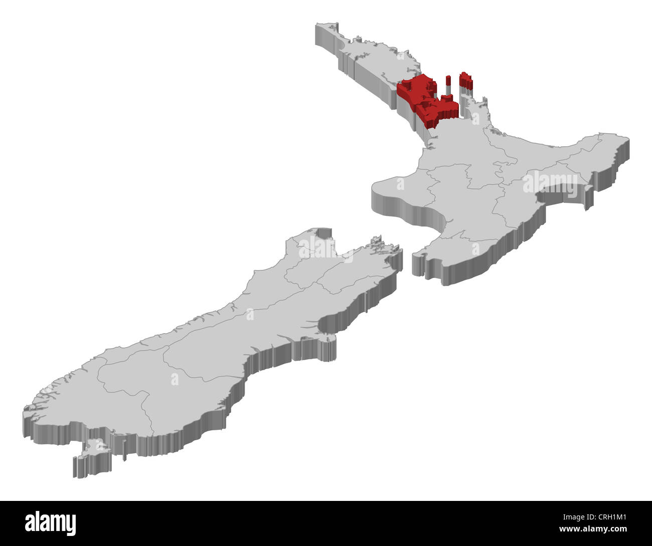 Carte politique de la Nouvelle-Zélande avec les diverses régions où Auckland est en surbrillance. Banque D'Images