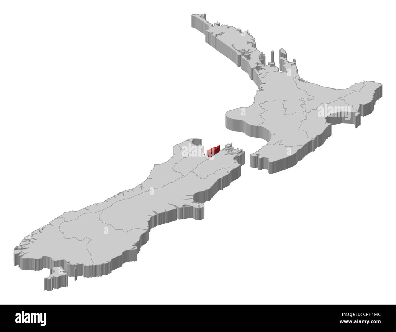 Carte politique de la Nouvelle-Zélande avec les diverses régions où Nelson est en surbrillance. Banque D'Images