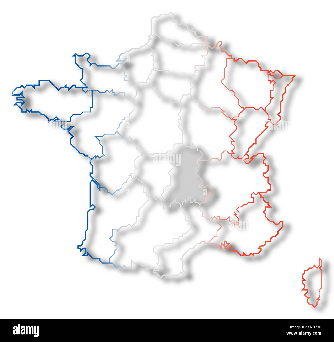 Carte politique de la France avec l'plusieurs régions où l'Auvergne est en surbrillance. Banque D'Images