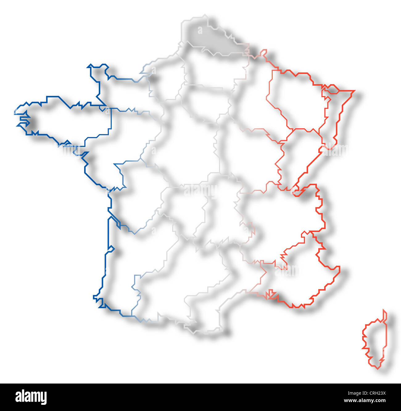 Carte politique de la France avec les diverses régions où le Nord-Pas-de-Calais est en surbrillance. Banque D'Images
