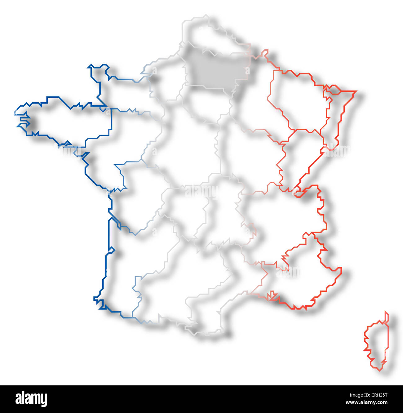 Carte politique de la France avec plusieurs régions où la Picardie est en surbrillance. Banque D'Images