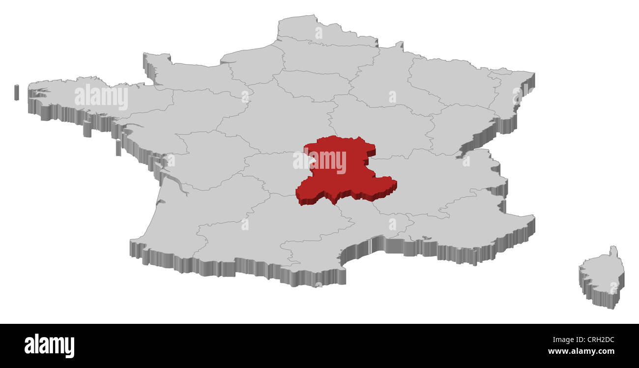 Carte politique de la France avec l'plusieurs régions où l'Auvergne est en surbrillance. Banque D'Images