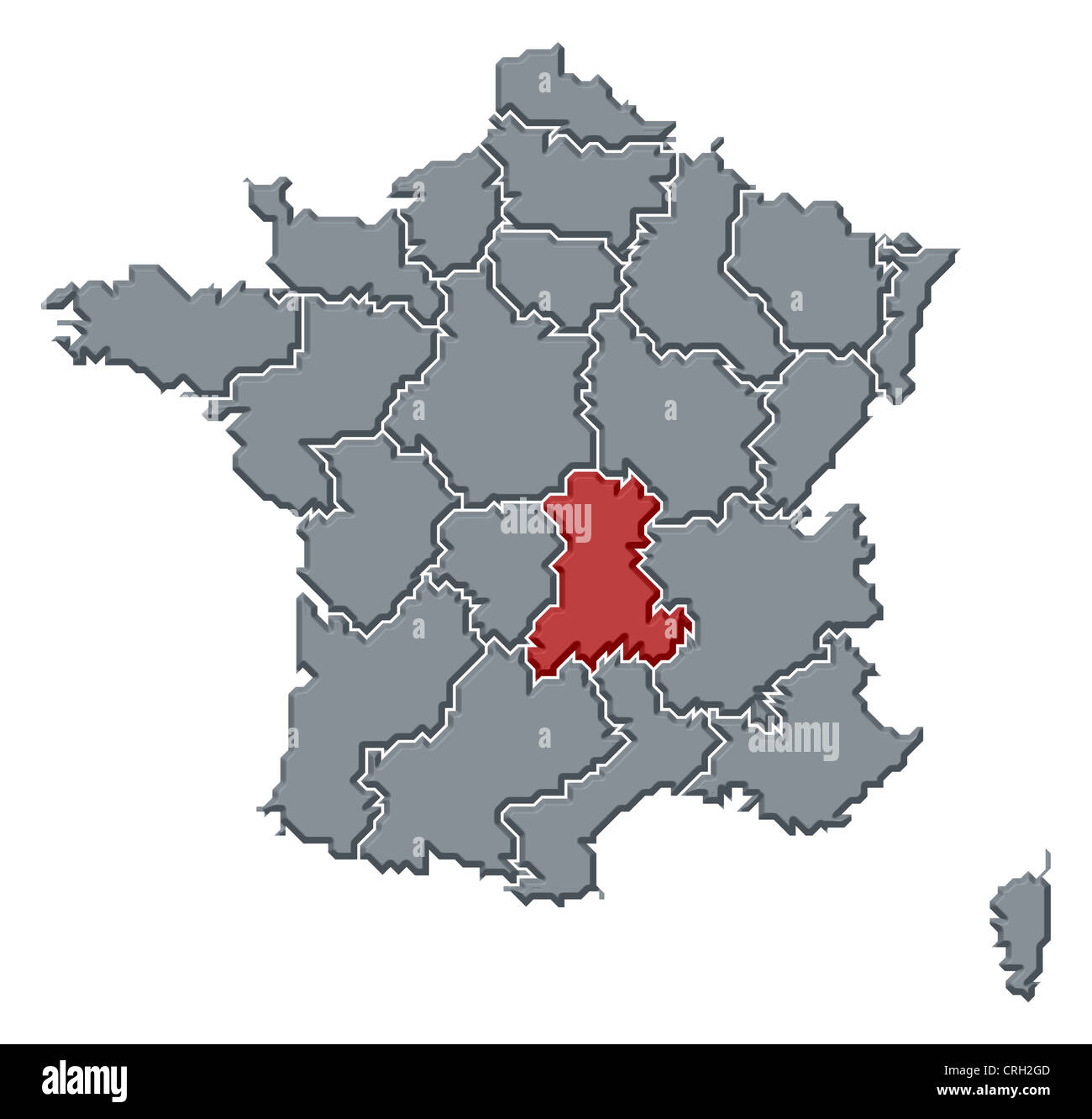 Carte politique de la France avec l'plusieurs régions où l'Auvergne est en surbrillance. Banque D'Images