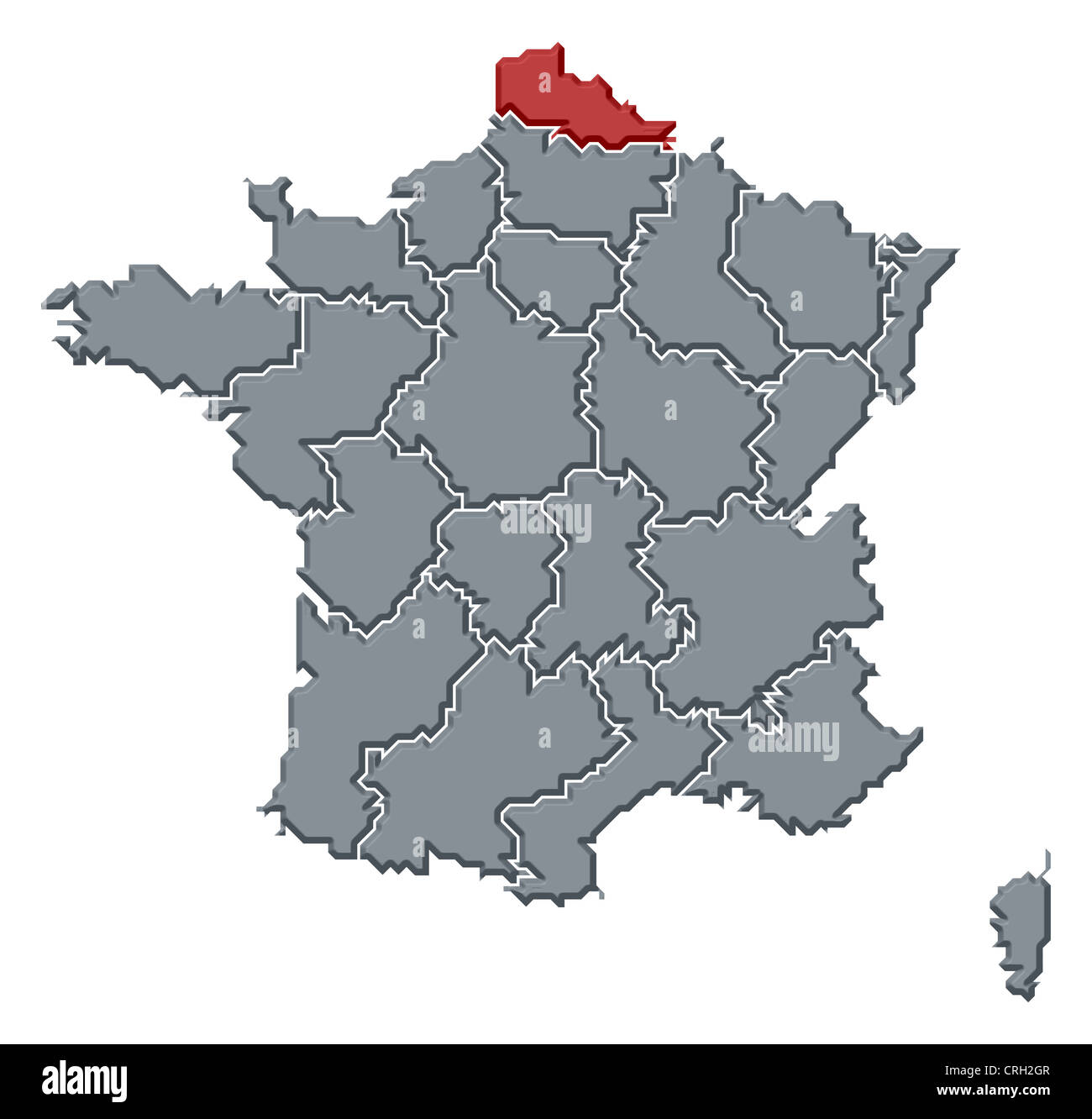 Carte politique de la France avec les diverses régions où le Nord-Pas-de-Calais est en surbrillance. Banque D'Images
