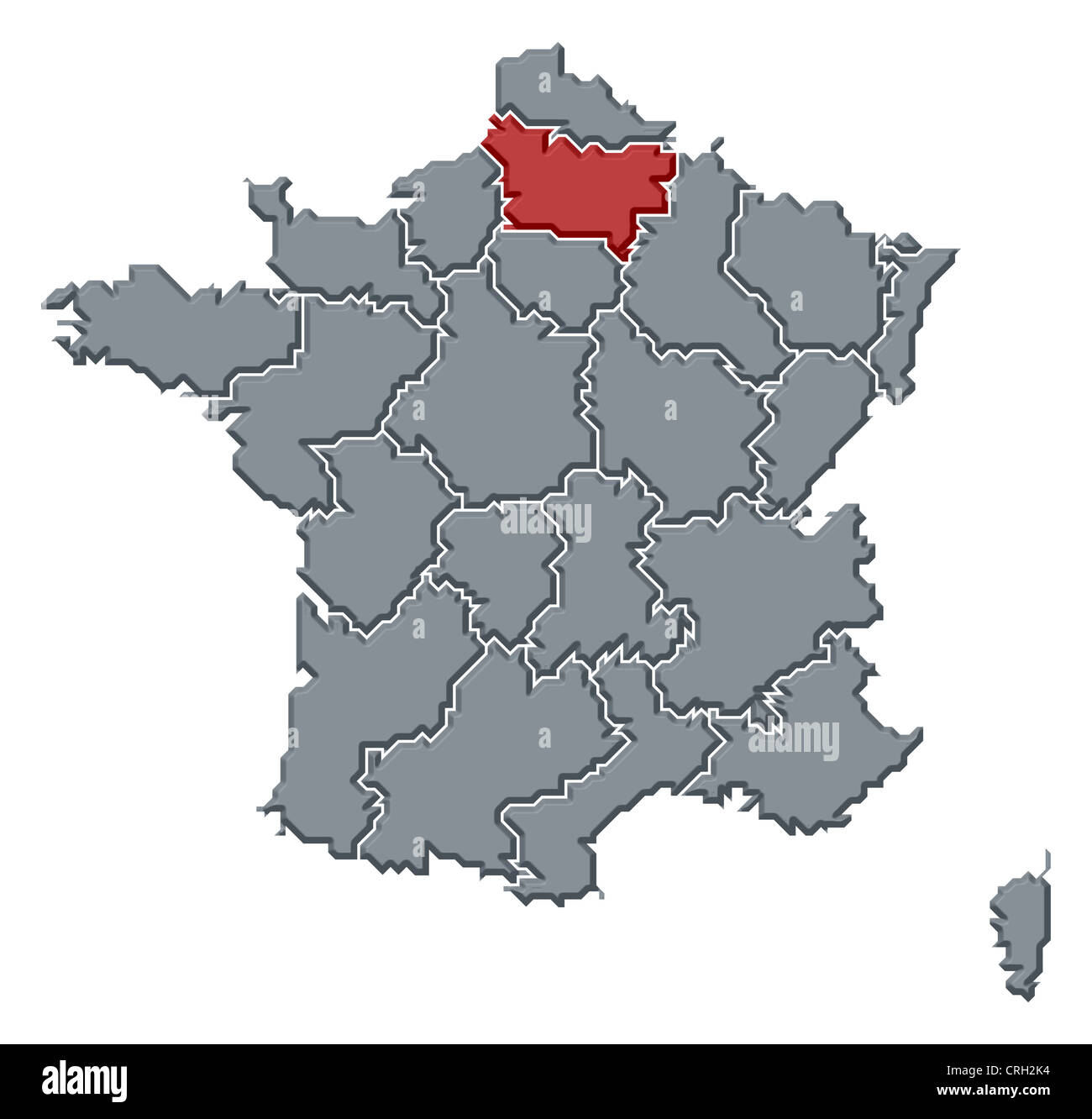 Carte politique de la France avec plusieurs régions où la Picardie est en surbrillance. Banque D'Images