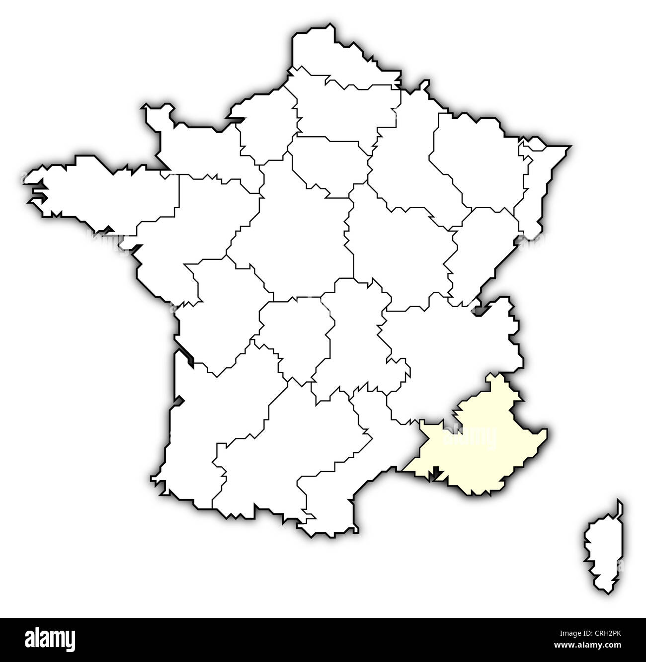 Carte politique de la France avec plusieurs régions où la région Provence-Alpes-Côte d'Azur est en surbrillance. Banque D'Images
