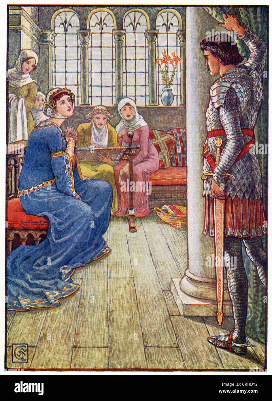 Cette illustration 1911 par Walter Crane montre Sir Owen, un chevalier de la Table ronde du Roi Arthur, saluant la Dame de la fontaine. Banque D'Images