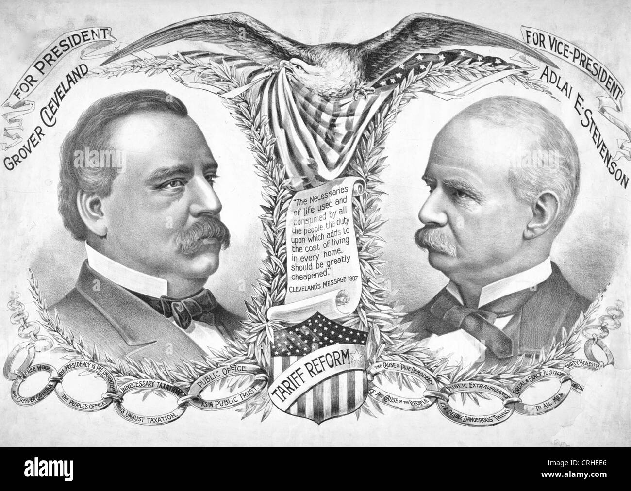 Pour le Président Grover Cleveland - Adlai Stevenson pour vice-président - annonce dans la campagne de l'élection présidentielle de 1892 aux Etats-Unis Banque D'Images