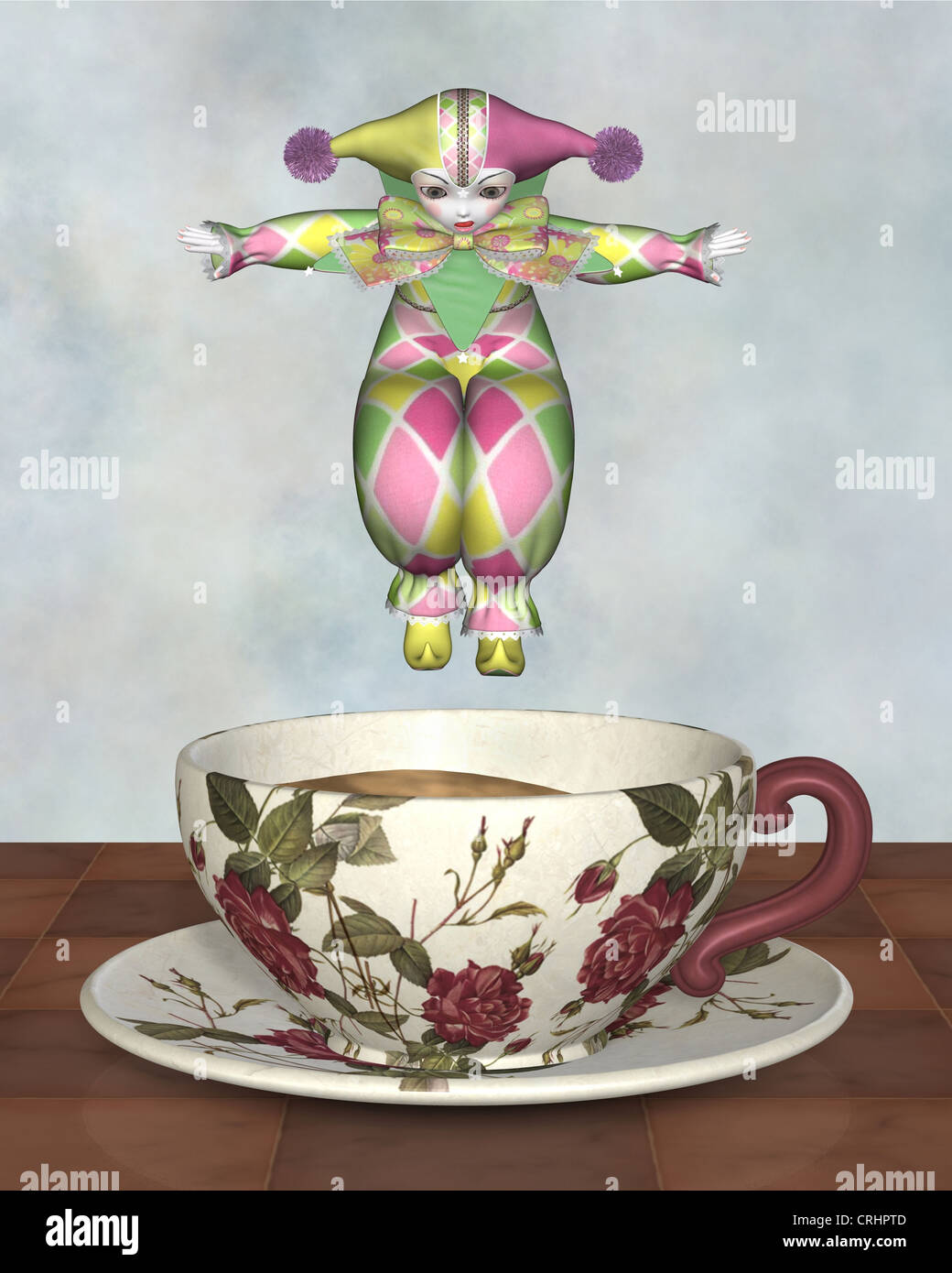 Poupée Clown Pierrot sauter dans une tasse de thé Banque D'Images