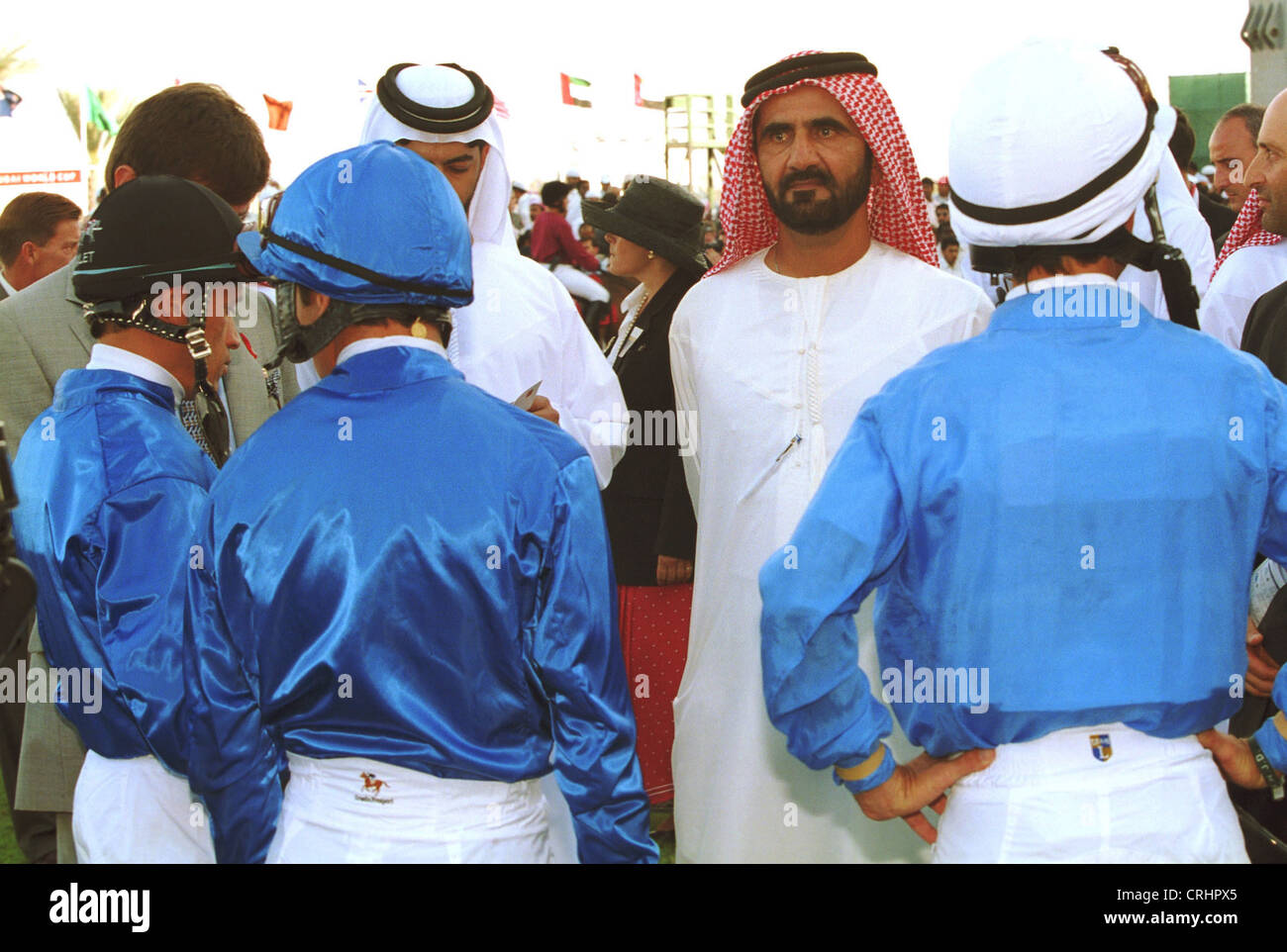 Dubaï, Émirats arabes unis, Sheikh Mohammed Al Maktoum avec jockey Banque D'Images
