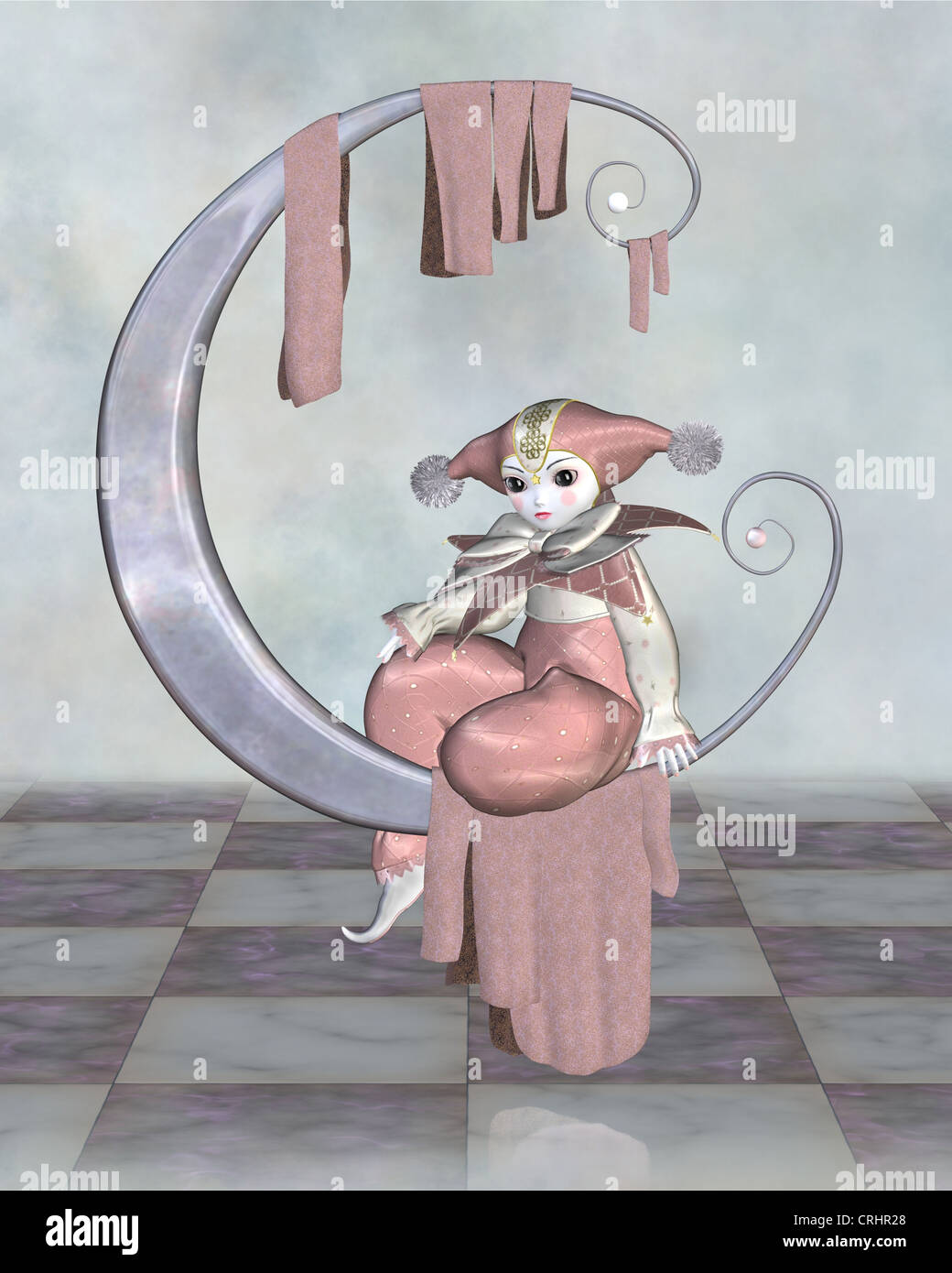 Clown Pierrot Rose poupée sur une Lune d'argent Banque D'Images