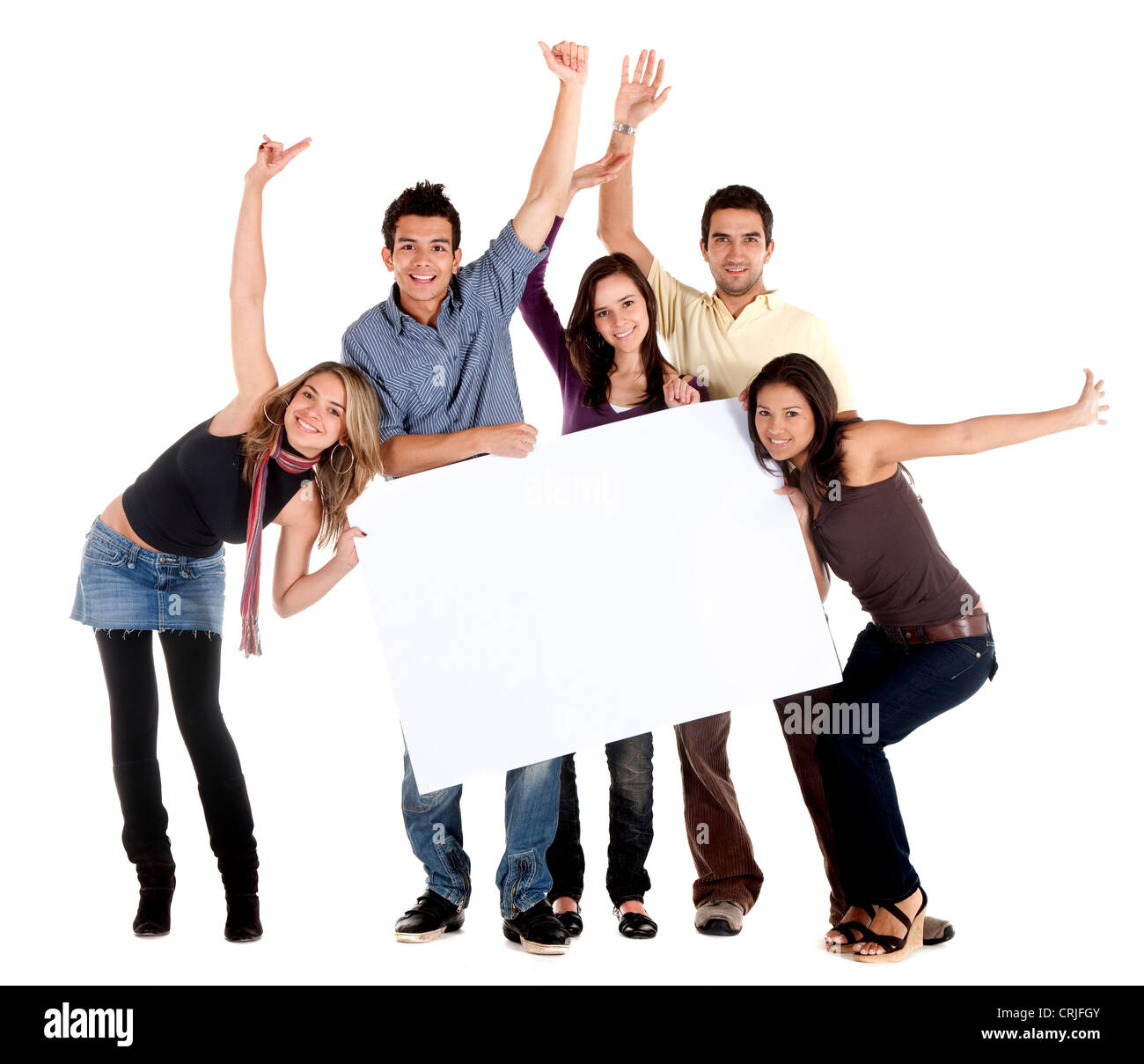 Casual groupe de filles et de gars tenant une bannière Banque D'Images