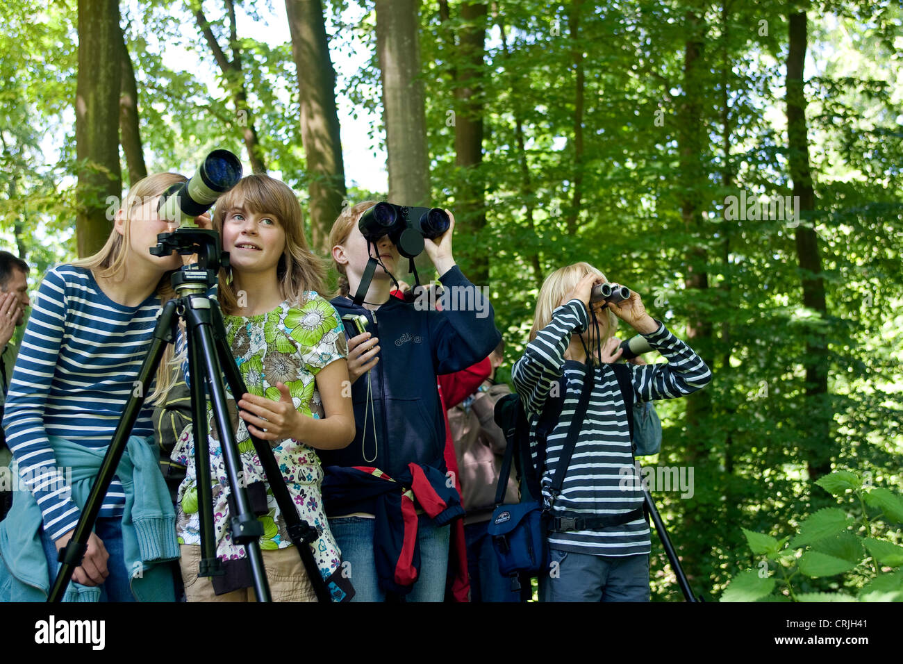 Groupe de filles wathing oiseaux avec des jumelles Banque D'Images