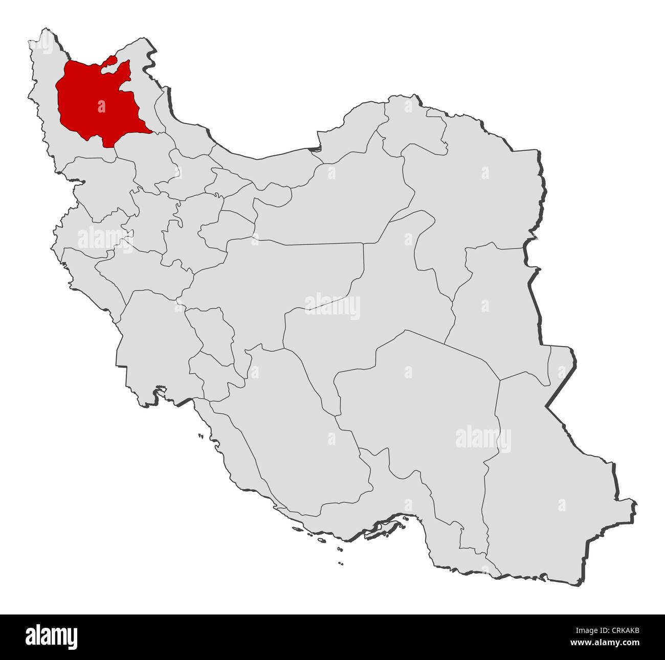 Carte politique de l'Iran avec les diverses provinces de l'Est où l'Azerbaïdjan est en surbrillance. Banque D'Images Carte politique de l'Iran avec les diverses provinces de l'Est où l'Azerbaïdjan est en surbrillance. Banque D'Images