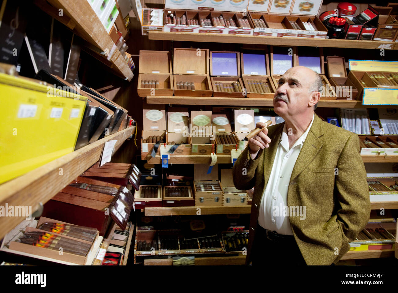 Petit magasin de tabac à la propriétaire à boîtes de cigares sur l'affichage en boutique Banque D'Images