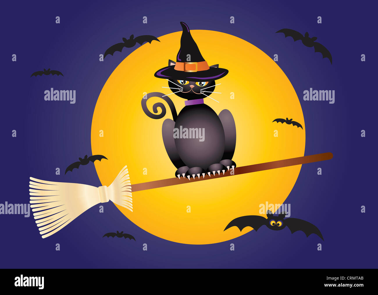 Chat Noir Halloween Chapeau de sorcière portant sur un balai volant Illustration Banque D'Images