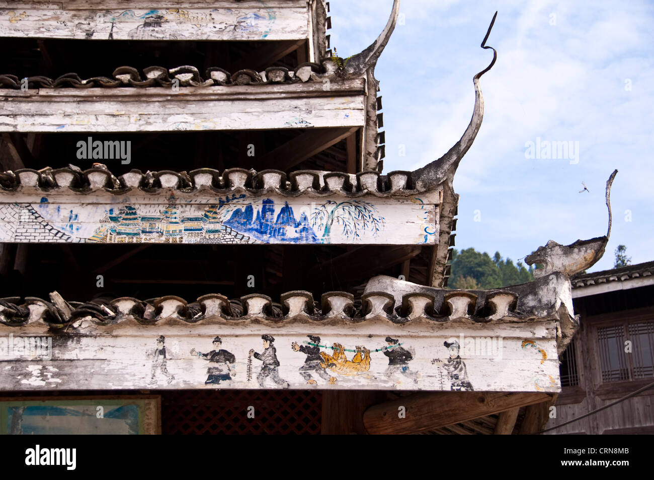 Détail d'une tour du tambour - Zhaoxing, Guizhou Province (Chine) Banque D'Images