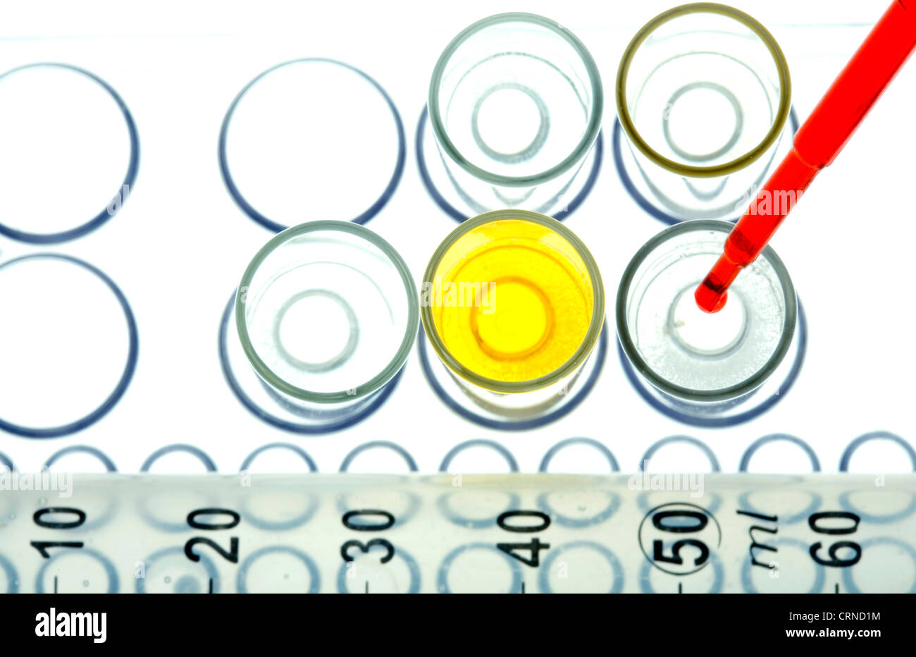 Le pipetage liquide rouge dans les tubes à essai. Banque D'Images