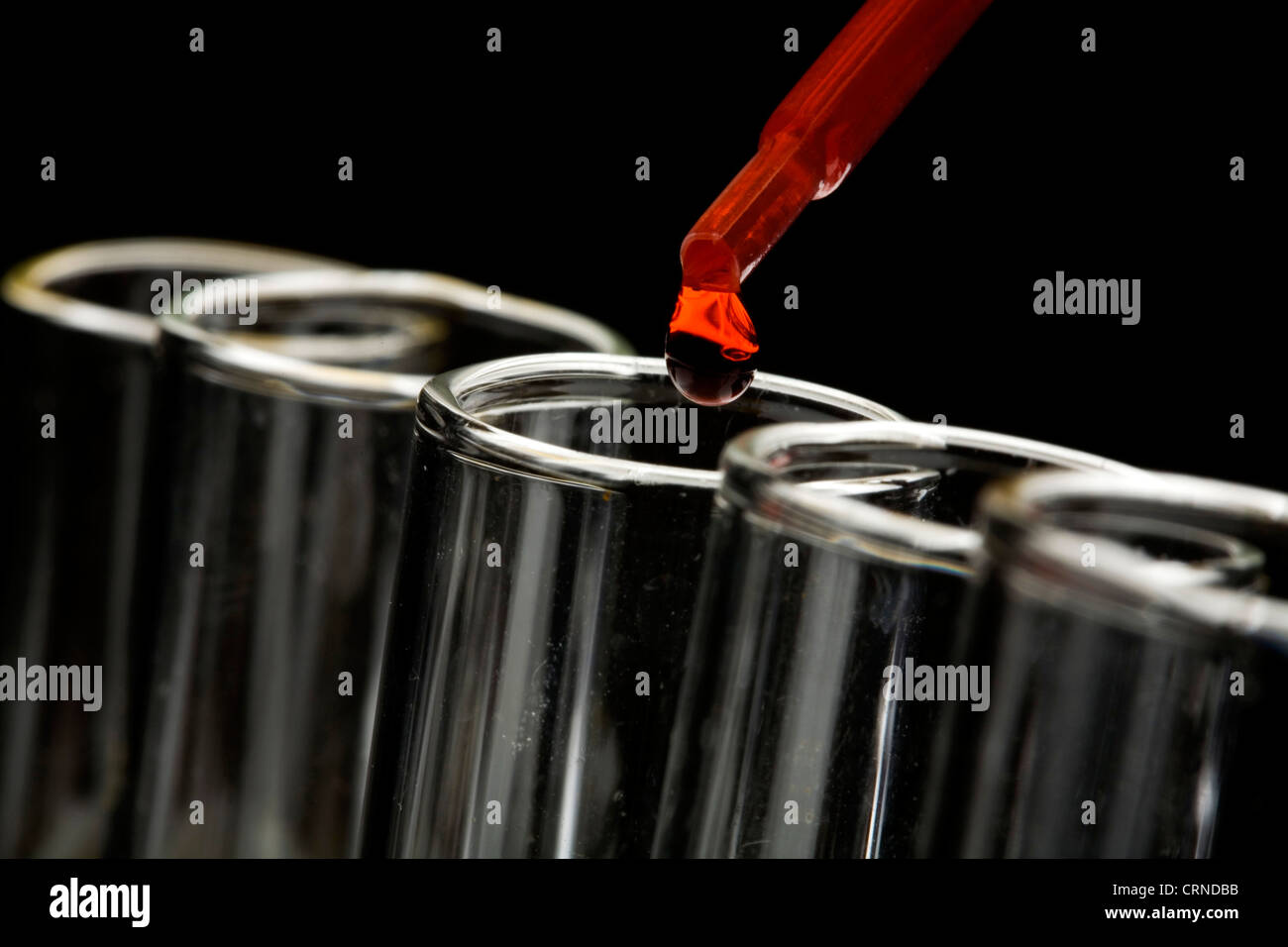 Le pipetage liquide rouge dans les tubes à essai. Banque D'Images