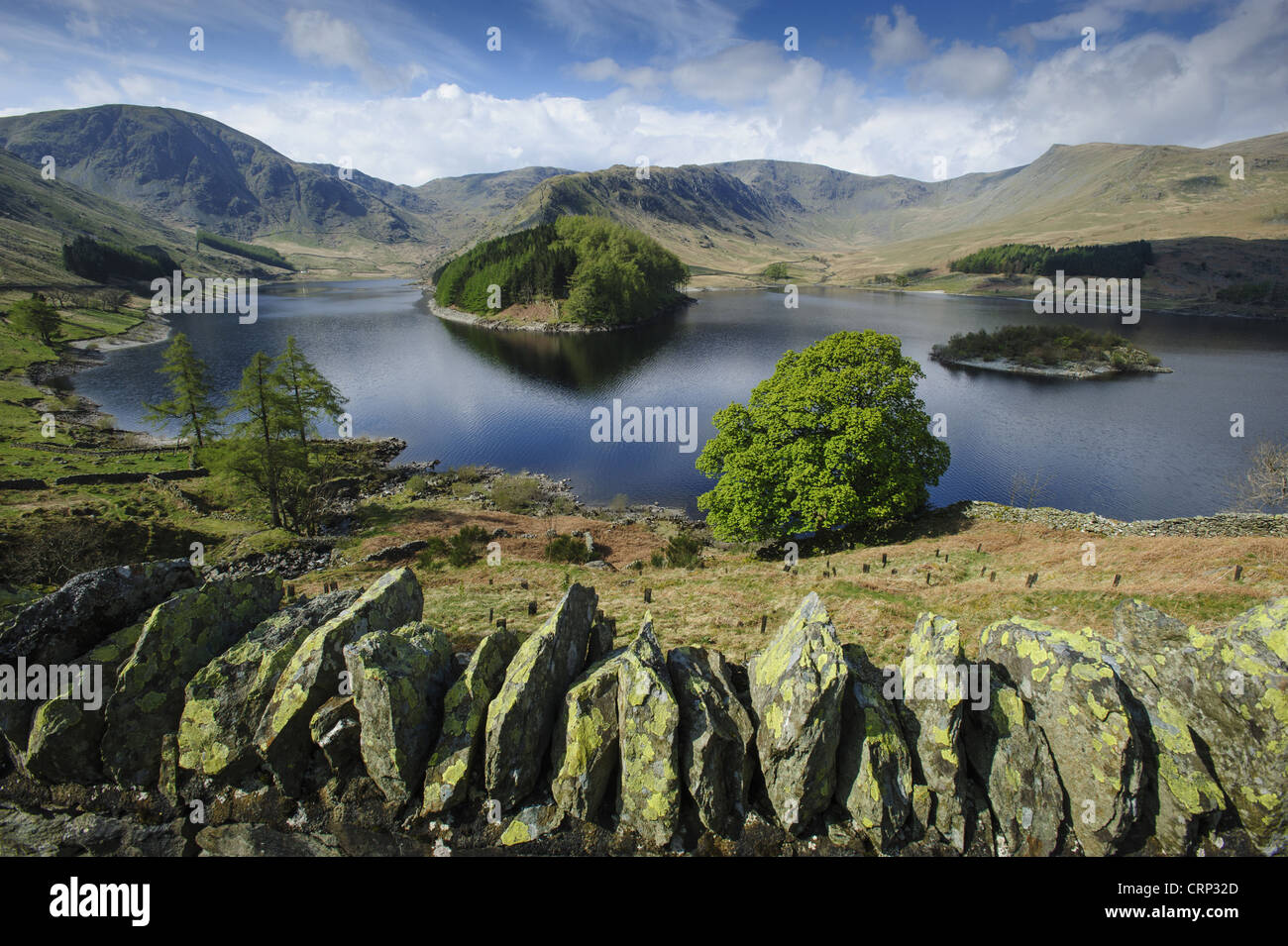 Vue sur mur de pierres sèches vers les hautes terres, Réservoir, réservoir de Haweswater Vallée Mardale, Lake District, Cumbria, Angleterre, avril Banque D'Images