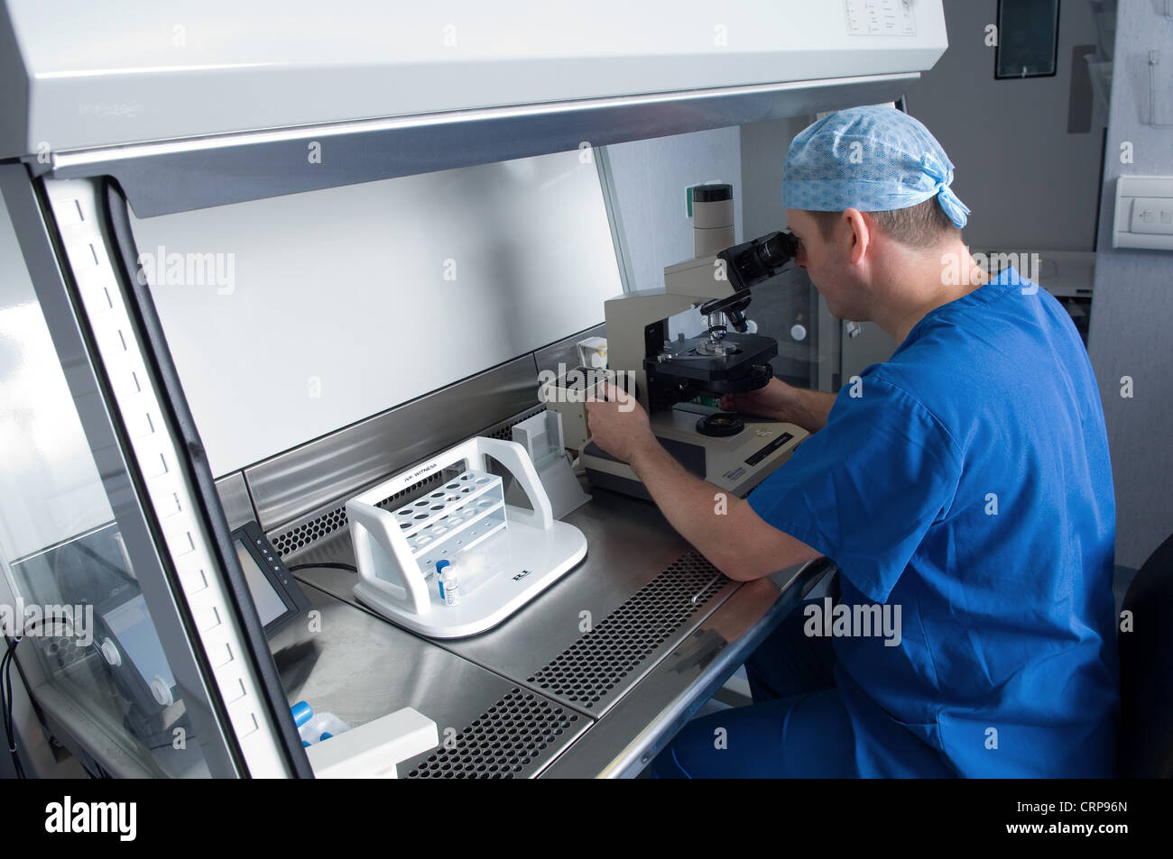 Le médecin inspecte un échantillon de sperme avant de 'lave' dans une culture pour supprimer tous les fluides corporels. Banque D'Images