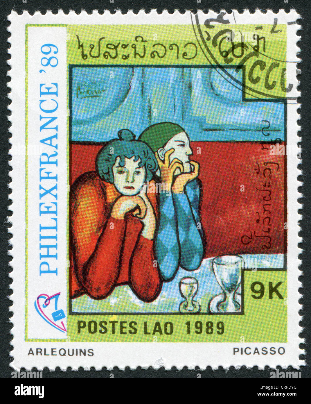 LAOS-VERS 1989 : timbre imprimé dans le Laos, est illustré peinture 'Harlequin' Picasso peintre, vers 1989 Banque D'Images