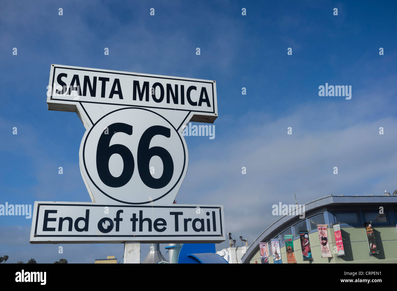 Route 66 fin du sentier signe sur Santa Monica Pier Banque D'Images