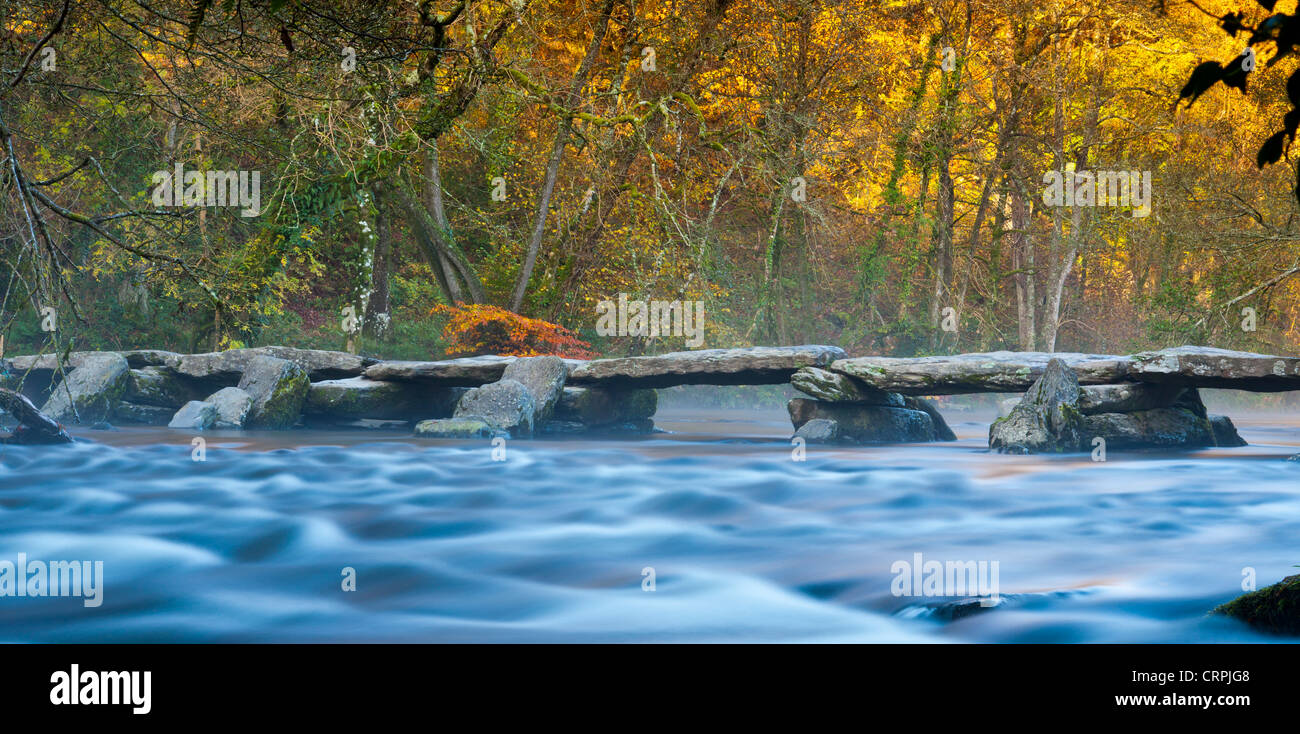 La Tarr, une clapper préhistorique pont traversant la rivière Barle dans le Parc National d'Exmoor. Banque D'Images