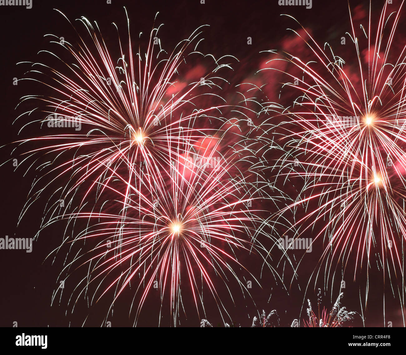 - Fireworks Fireworks exploding contre Rouge ciel nocturne dans une ville au cours d'une célébration Banque D'Images