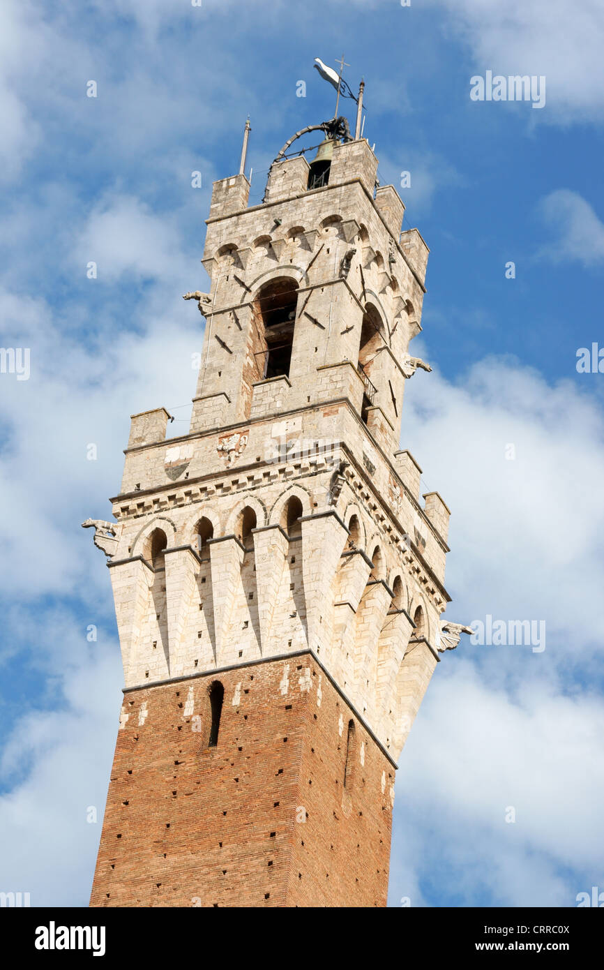 Détail de Torre del Mangia (Tour du Mangia), le Palazzo Comunale à Sienne, Toscane, Italie. Banque D'Images