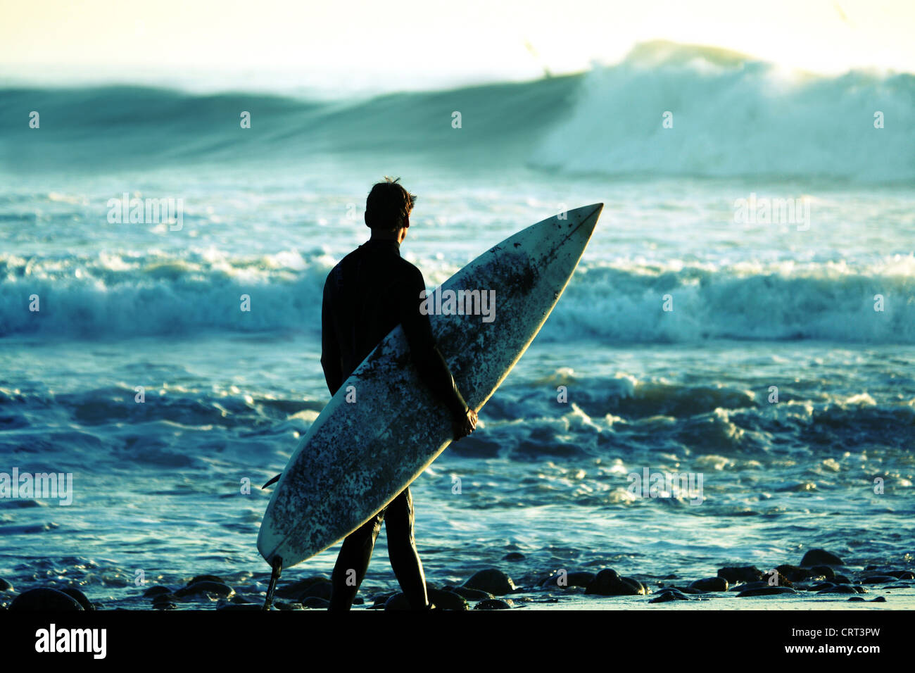 Surfer à la tombée de la vérification les vagues Banque D'Images