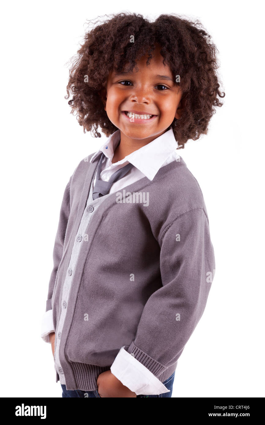 Portrait d'un mignon petit garçon afro-américain, isolé sur fond blanc Banque D'Images