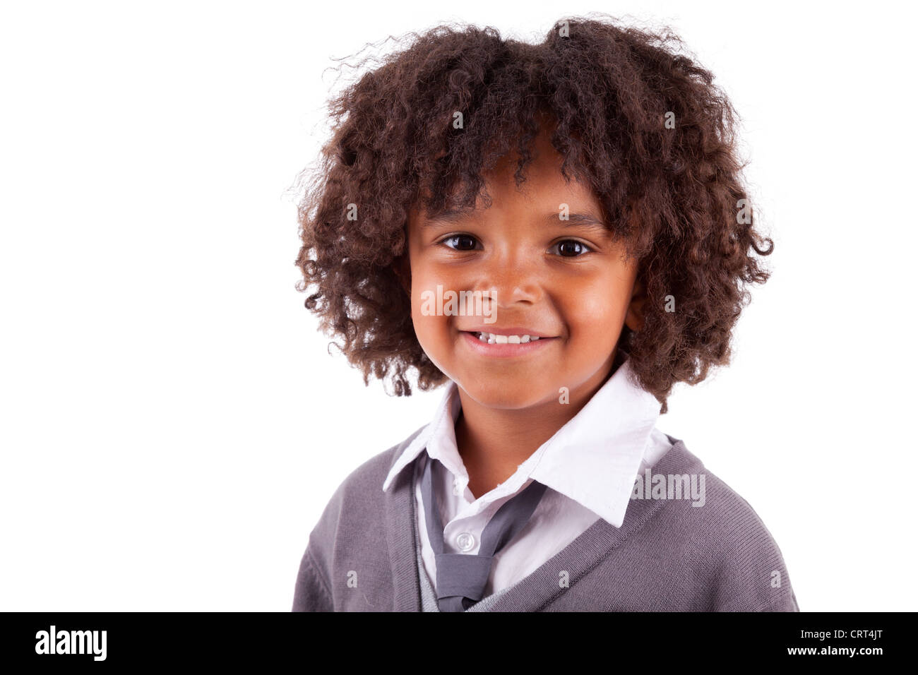 Portrait d'un mignon petit garçon afro-américain, isolé sur fond blanc Banque D'Images