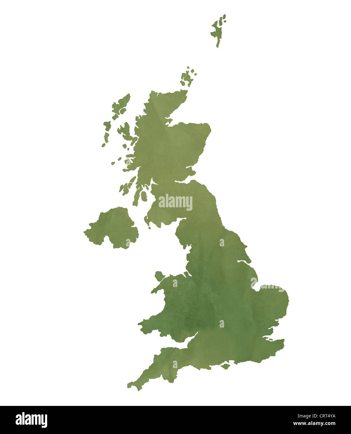 Carte britannique dans de vieux papier vert isolé sur fond blanc. Banque D'Images