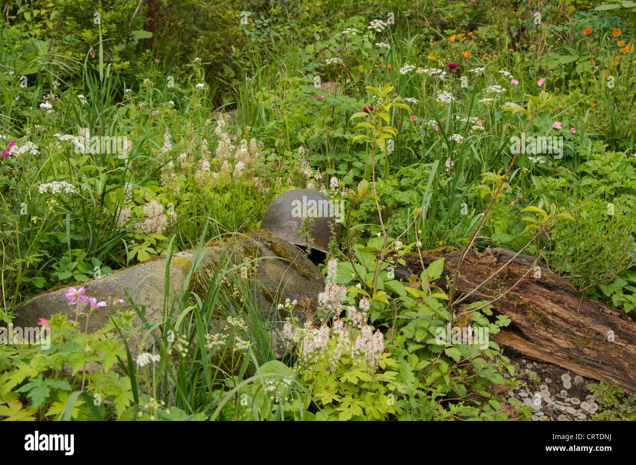 Casque et les soldats de bois brûlée dans le temps tranquille : zone interdite au jardin RHS Chelsea Flower Show 2012 Banque D'Images