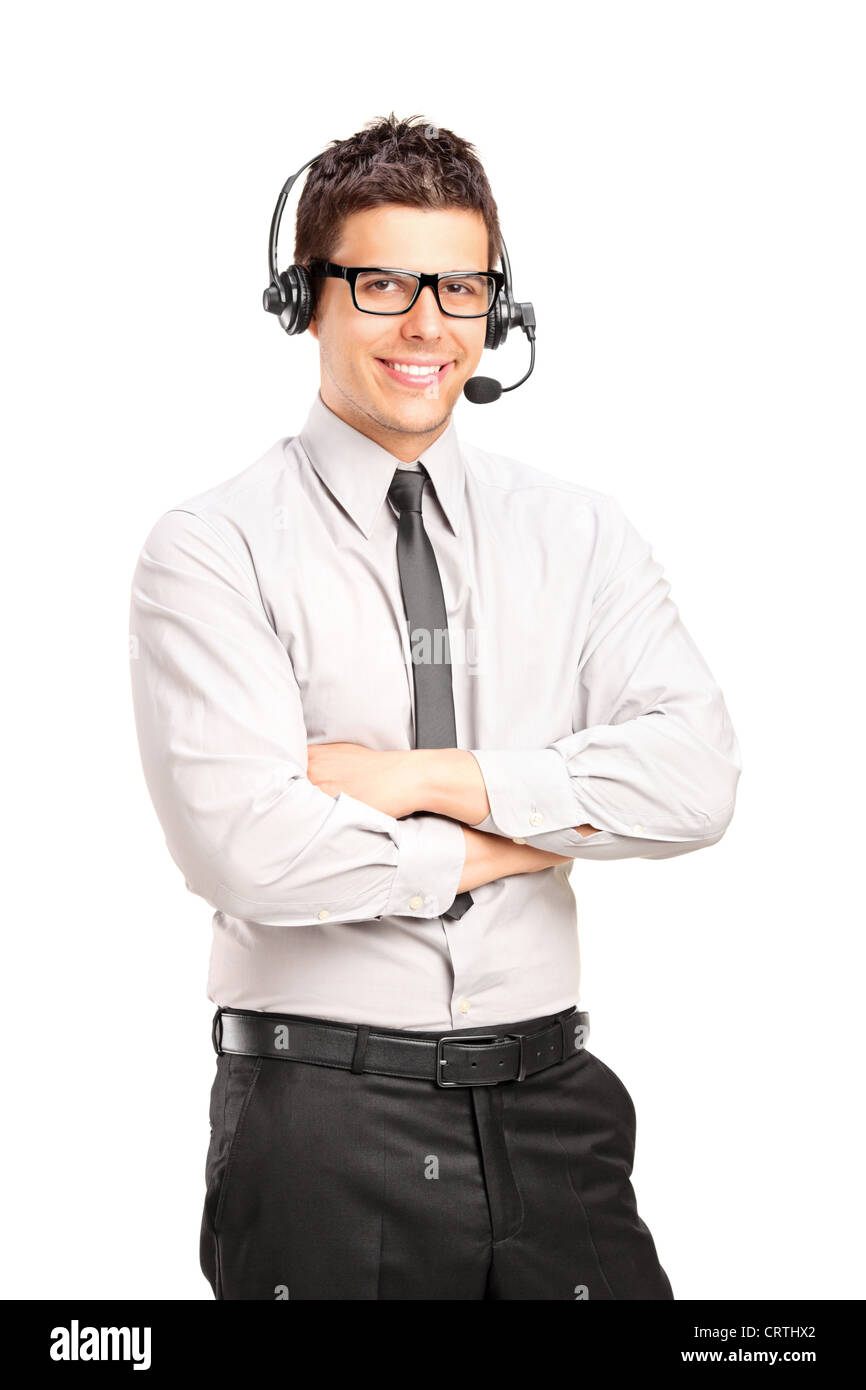 Un homme vêtu d'un opérateur de service client casque isolé sur fond blanc Banque D'Images