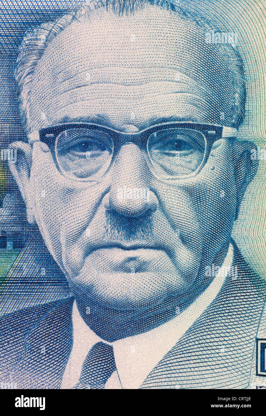 Levi Eshkol (1895-1969) sur 5 nouveaux Sheqalim 1987 euros d'Israël. Troisième Premier Ministre d'Israël au cours de 1963-1969. Banque D'Images