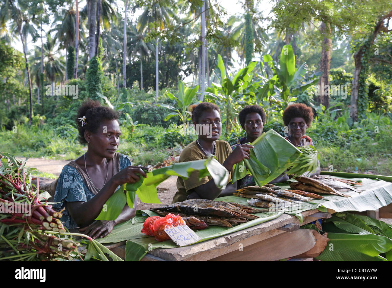Les mouches de la vague des femmes poissons, échoppe de marché sur la route d'Arawa, l'île de Bougainville, en Papouasie-Nouvelle-Guinée Banque D'Images