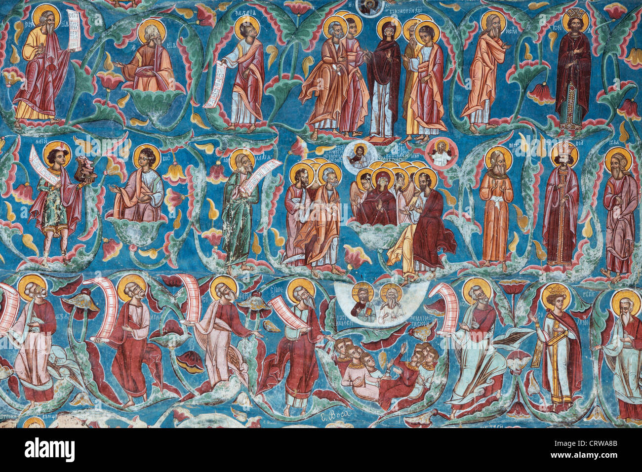 Fresco depuis le sud-ouest de façade du monastère Moldovita en Bucovine, Roumanie. Banque D'Images