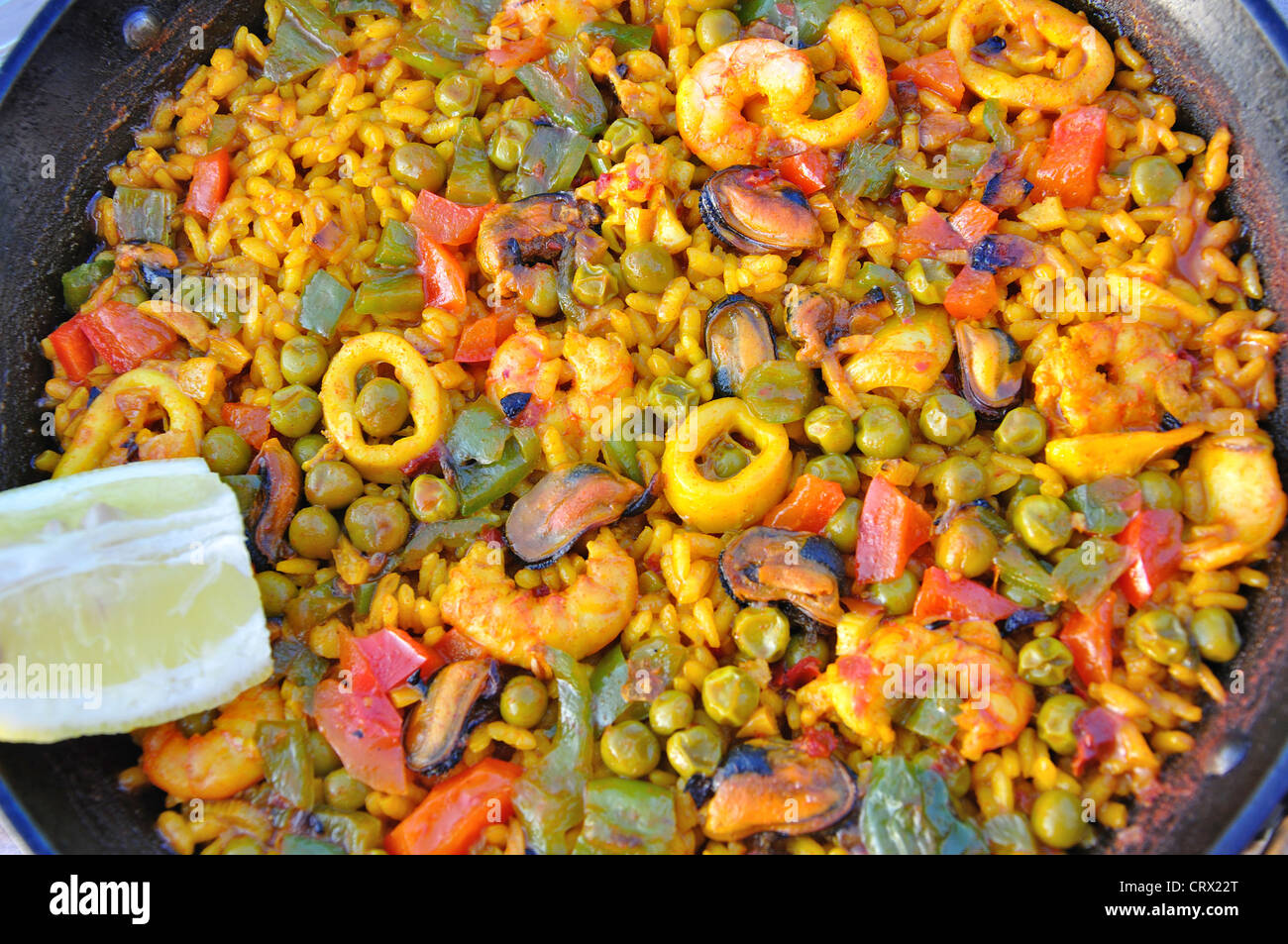 Plat à Paella restaurant de Minorque, Minorque, Iles Baléares, Espagne Banque D'Images