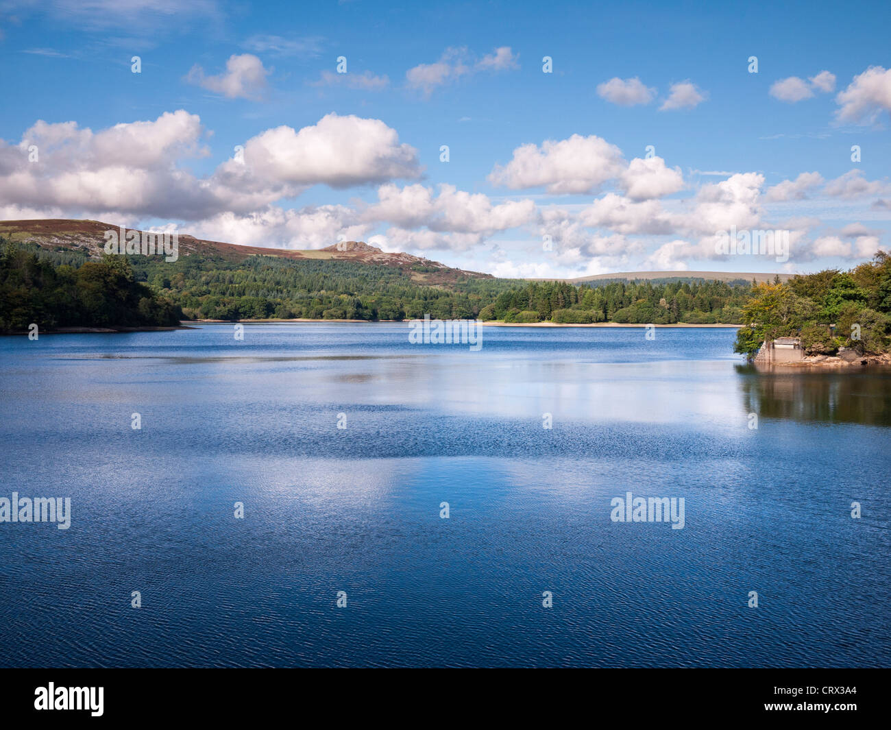 Réservoir de Burator à la fin de l'été avec Leather Tor dans la distance. Parc national de Dartmoor, Devon, Angleterre, Royaume-Uni. Banque D'Images