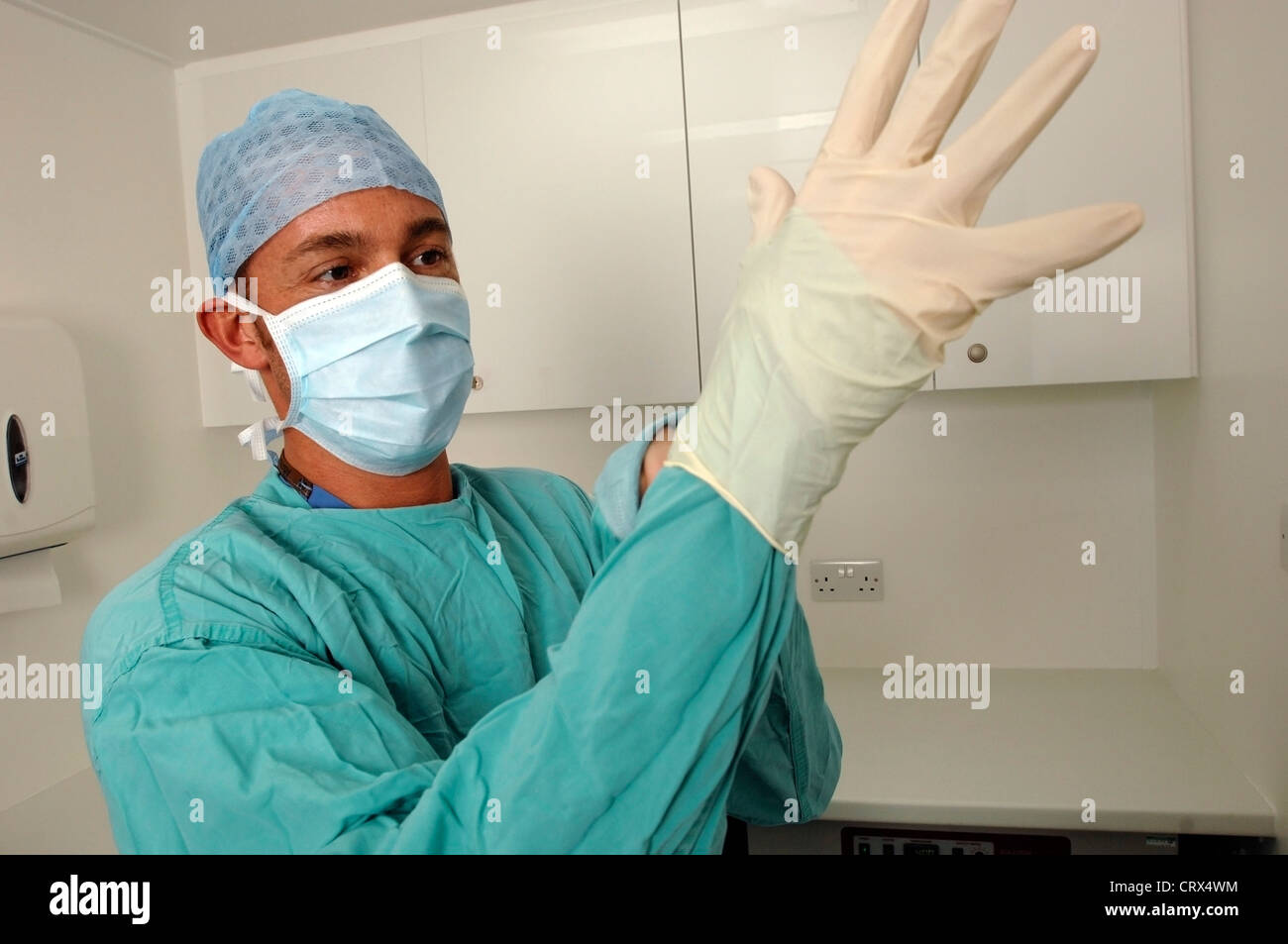 Mettre des gants de caoutchouc Médecin Banque D'Images