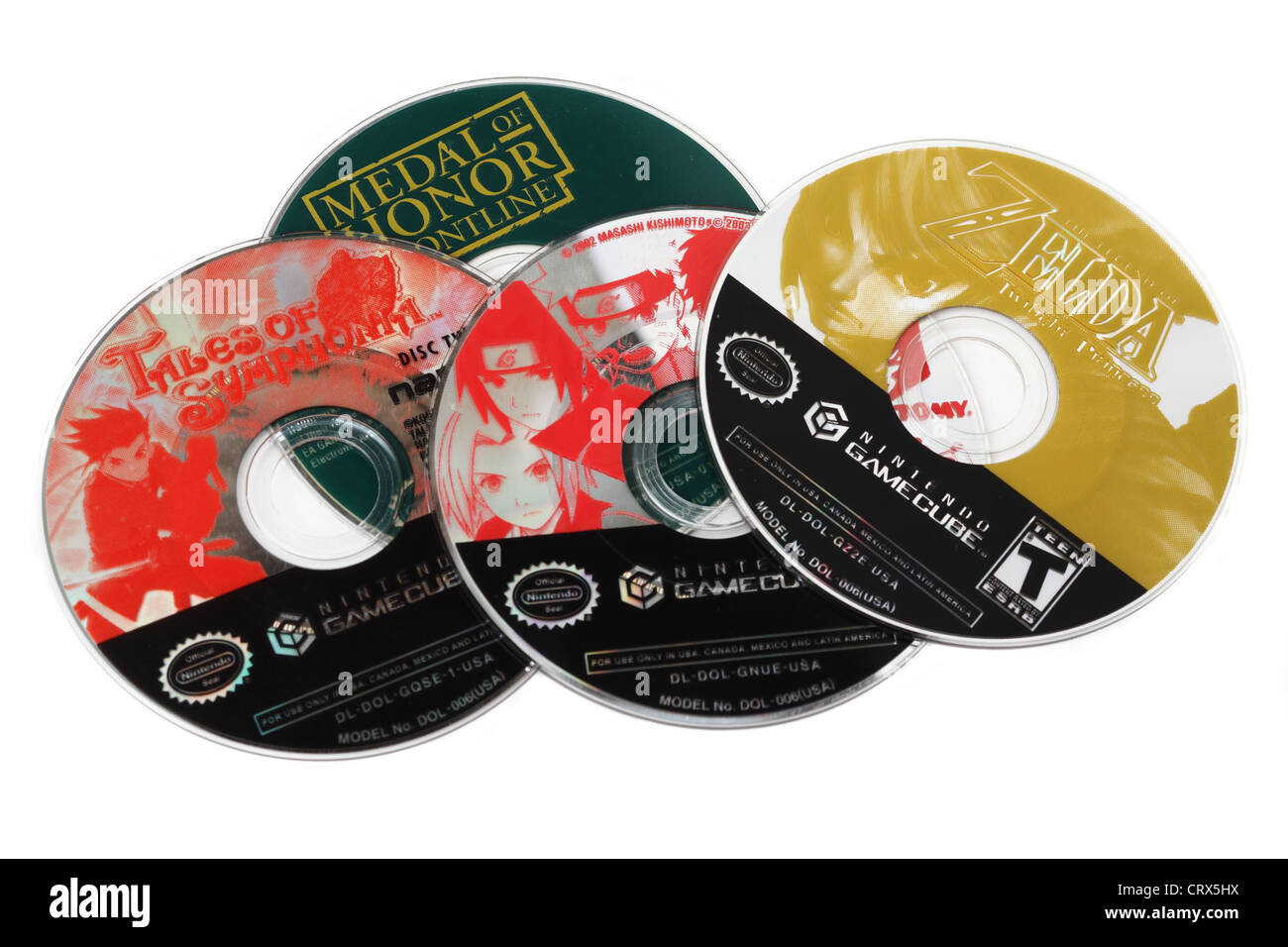 Un groupe de disques Nintendo Gamecube. Sont inclus les jeux Medal of Honor, Zelda, Tales of Symphonia. Banque D'Images