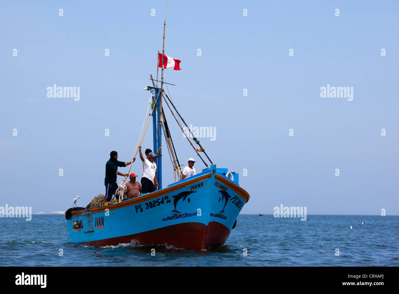 Retour en bateau avec les pêcheurs du port de Pisco, Islas Ballestas, la réserve nationale de Paracas, Ica, Pérou, Amérique du Sud Banque D'Images