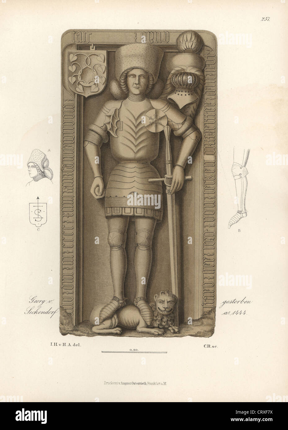 Chevalier en armure avec un casque, le bouclier et l'épée de la pierre tombale d'Georg Seckendorf, mort 1444. Banque D'Images