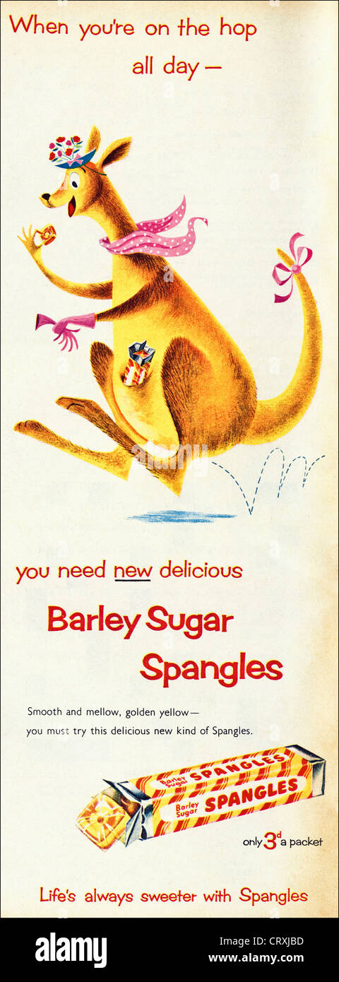 Vintage des années 1950 Publicité imprimée à partir de l'orge publicité magazine anglais actualité paillettes de sucre ou bonbon Banque D'Images