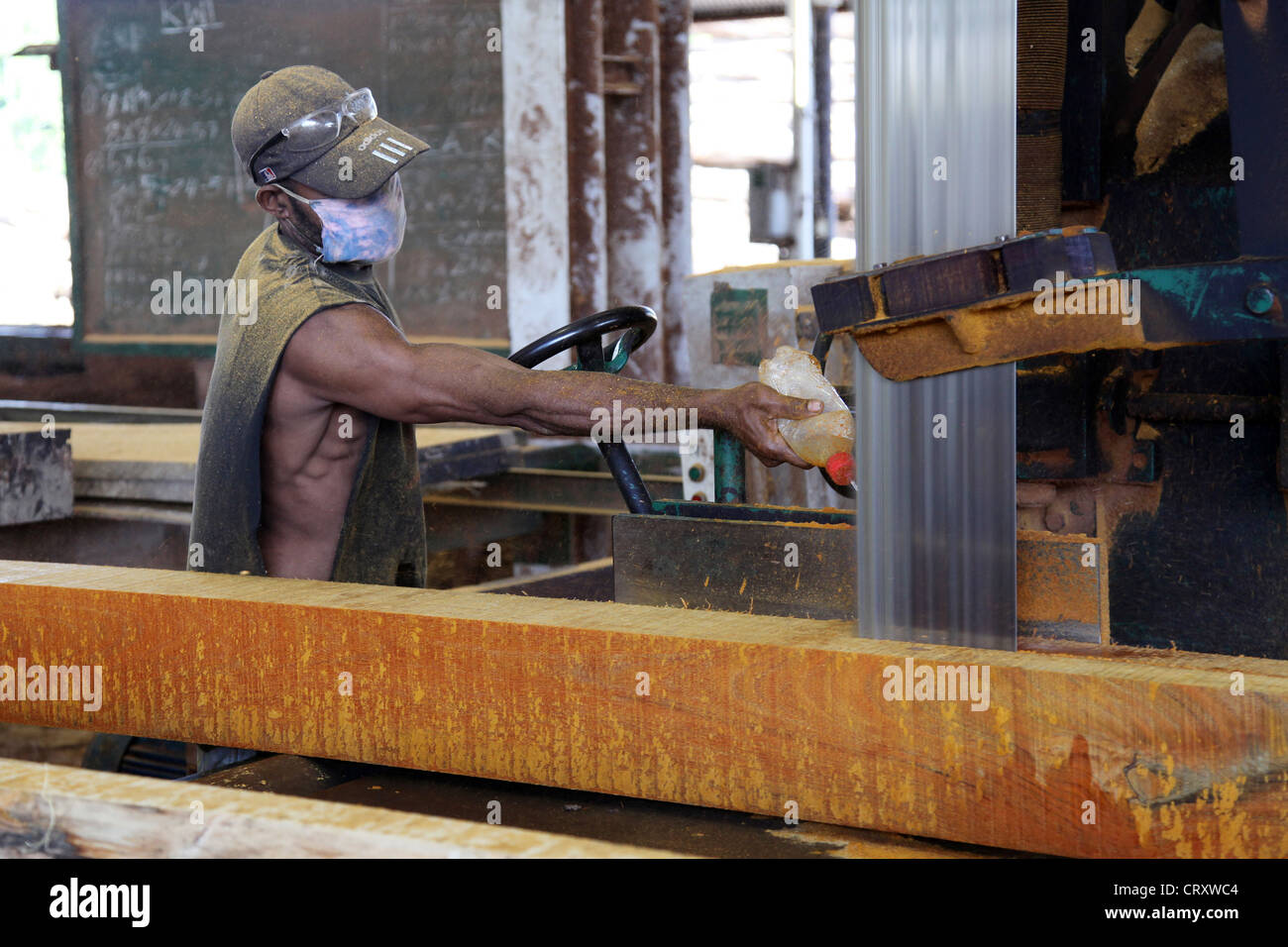 Travailleur dans l'entreprise de transformation du bois scierie, exploitation forestière, Santi, Province de Madang Papouasie-Nouvelle-Guinée Banque D'Images