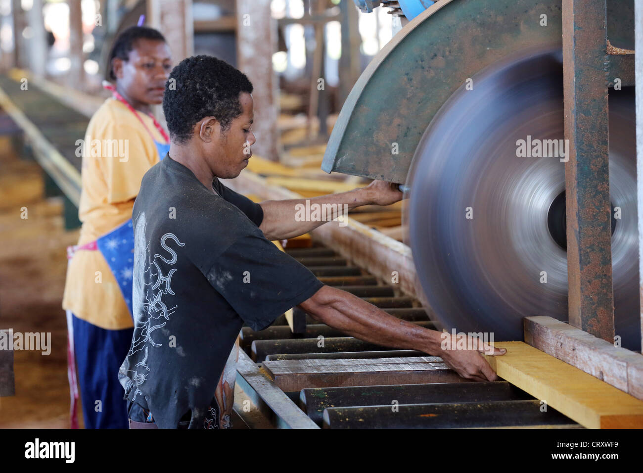 Travailleur dans l'entreprise de transformation du bois scierie, exploitation forestière, Santi, Province de Madang Papouasie-Nouvelle-Guinée Banque D'Images