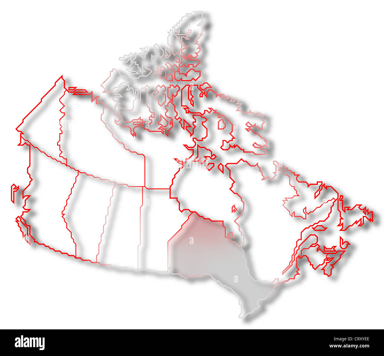 Carte politique du Canada avec les diverses provinces où l'Ontario est en surbrillance. Banque D'Images